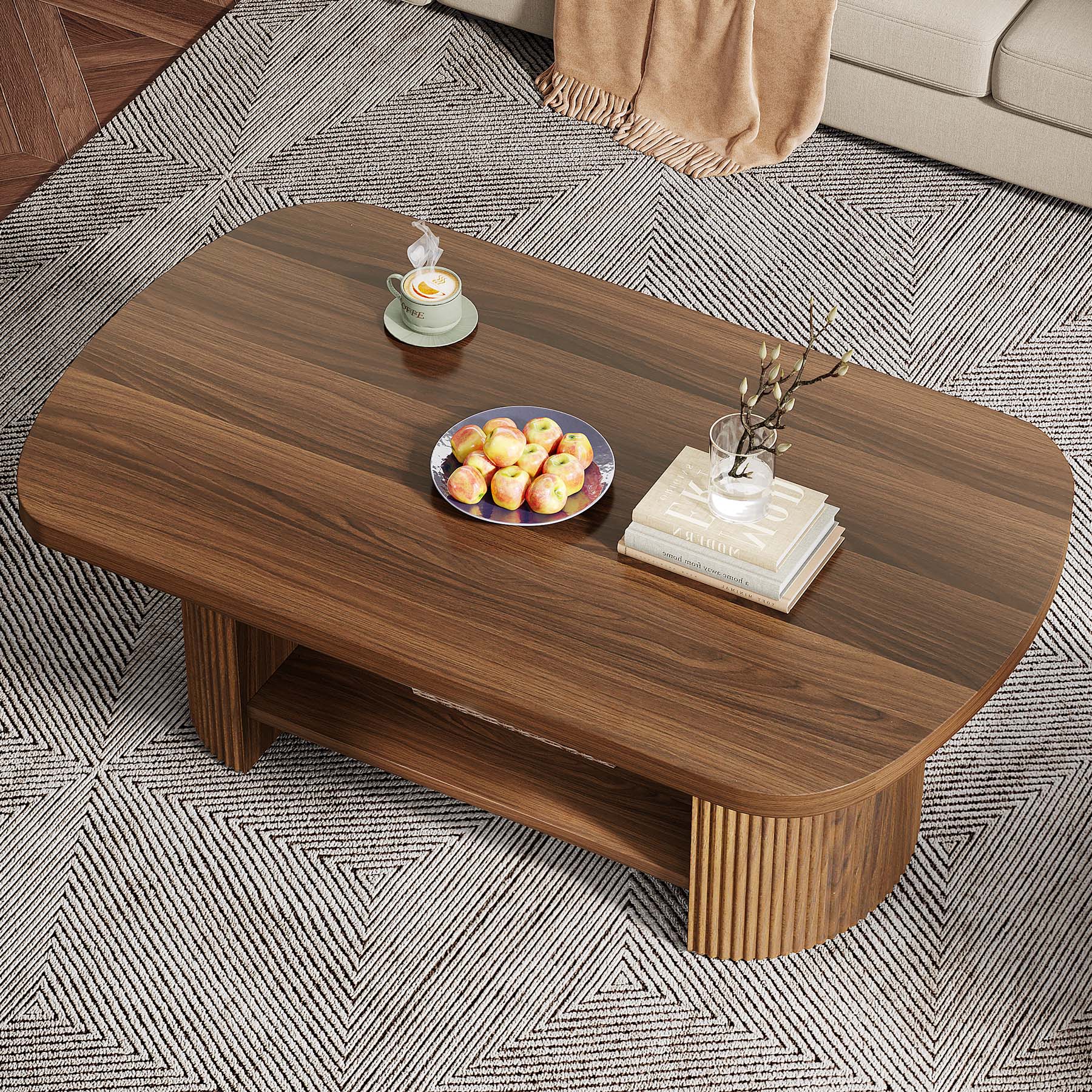 45 Coffee Table, Modern Oval 2-Tier Center Table With Storage