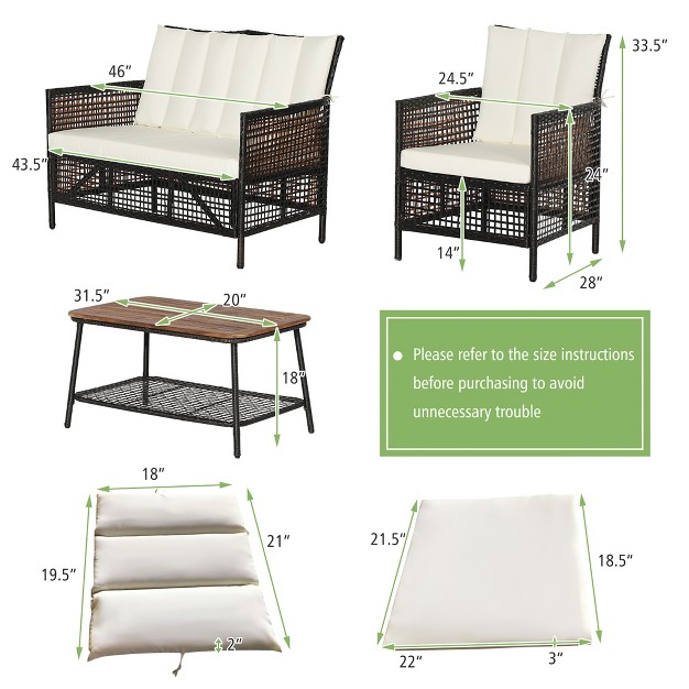 Costway Patiojoy 4pcs Patio Rattan Furniture Set Cushioned Chairs Wood Table Top W shelf