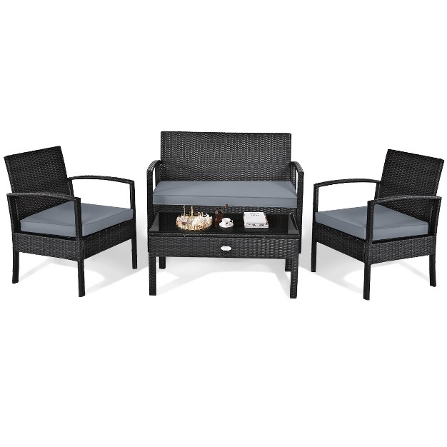 Tangkula 4pcs Rattan Wicker Outdoor Patio Conversation Set Cushioned Sofa Coffee Table