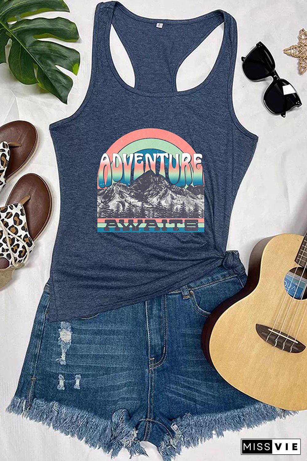 Adventure Awaits Mountains Blue Print Sleeveless Tank Top Wholesale