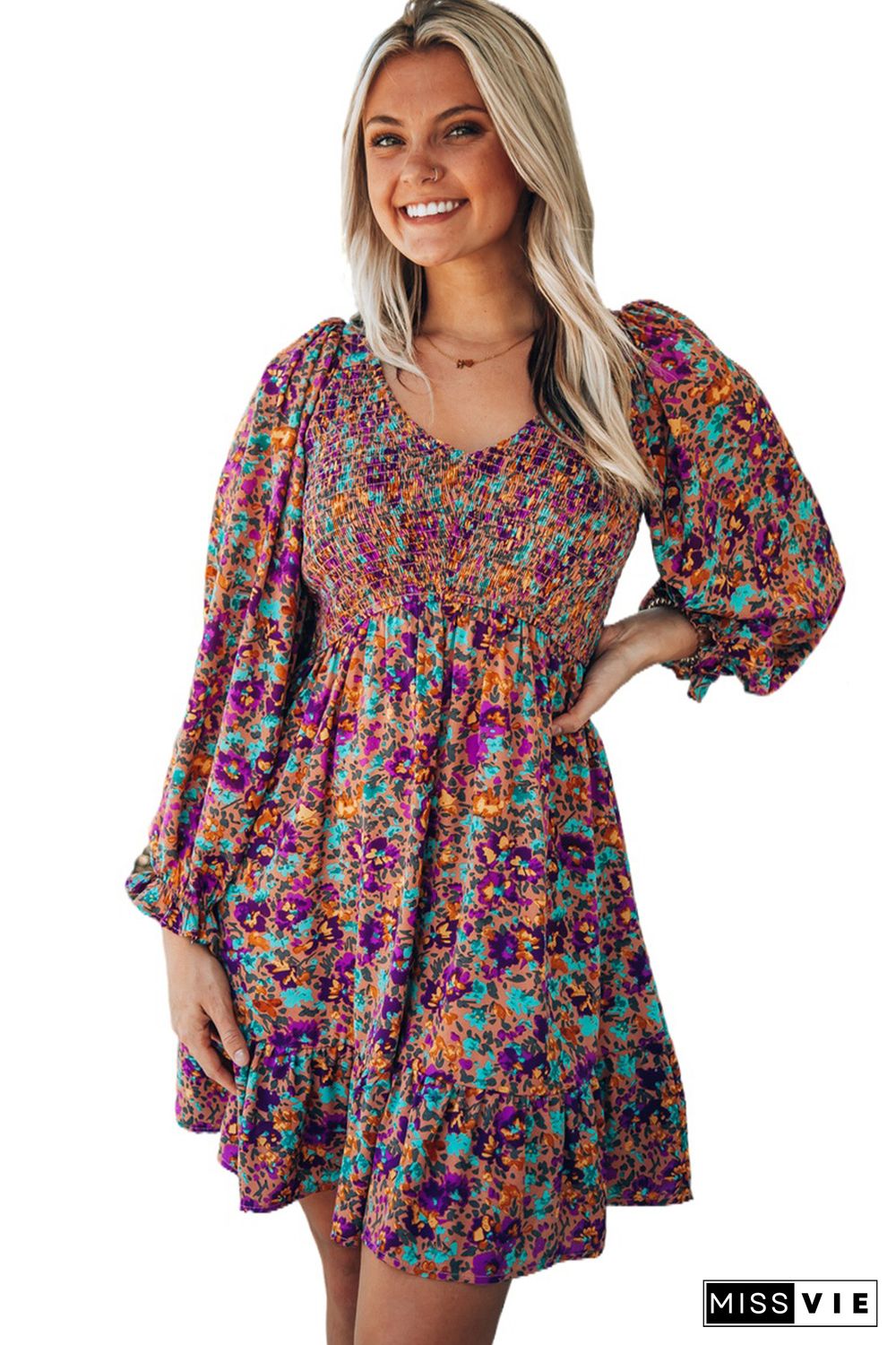 Purple Smocked V Neck Puffy Sleeve Floral Dress