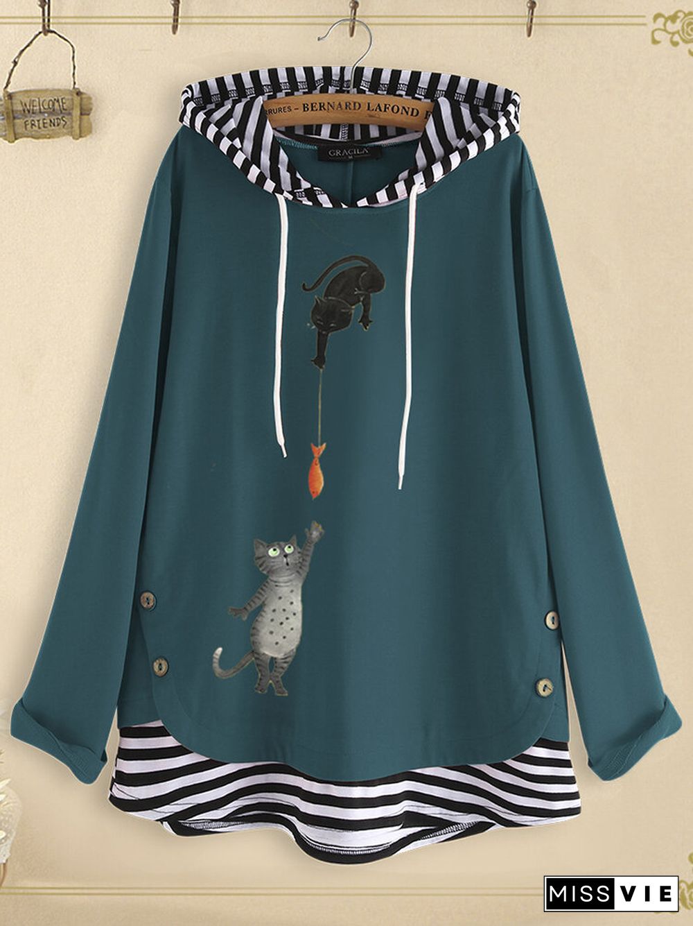 Stripe Patchwork Cartoon Print Long Sleeve Hoodie