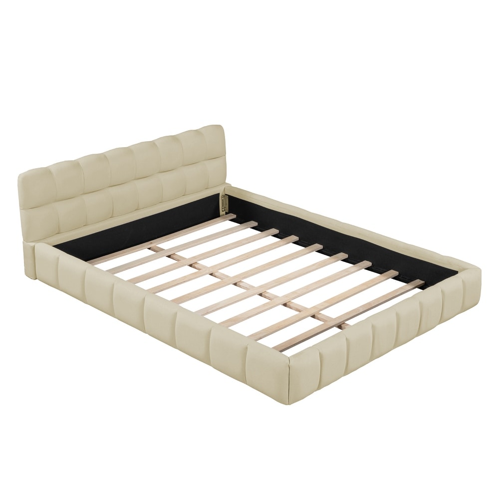 Queen Grounded Bed Thick Fabric Low Profile Upholstered Platform Bed  Beige