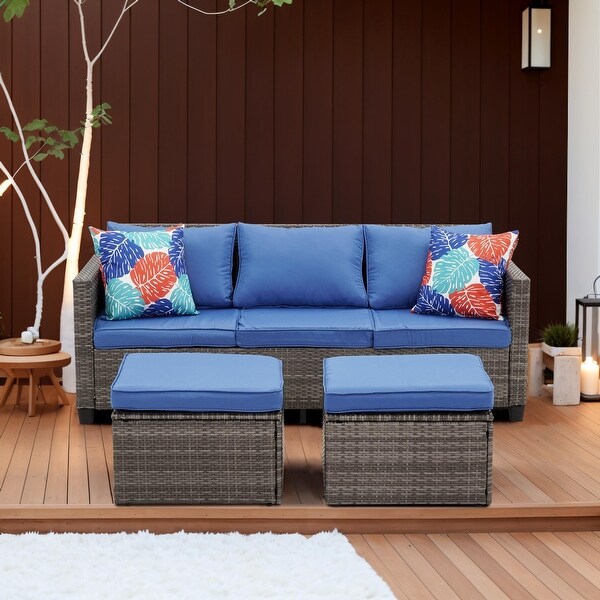 Zenova Outdoor Wicker Patio Conversation Sets With Ottoman，Cushioned Rattan Patio Furniture