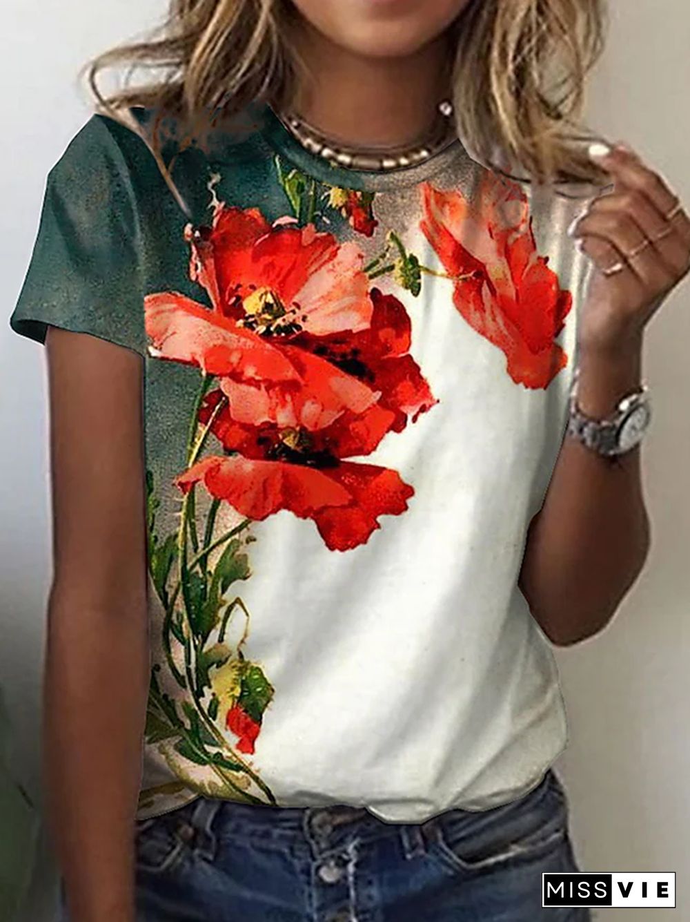 Floral Crew Neck Casual Short Sleeve T-Shirt