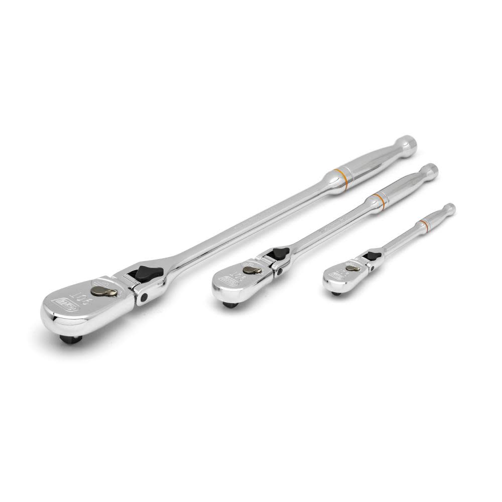 3 Pc 1/4， 3/8 and 1/2 Drive 90 Tooth Locking Flex Head Teardrop Ratchet Set