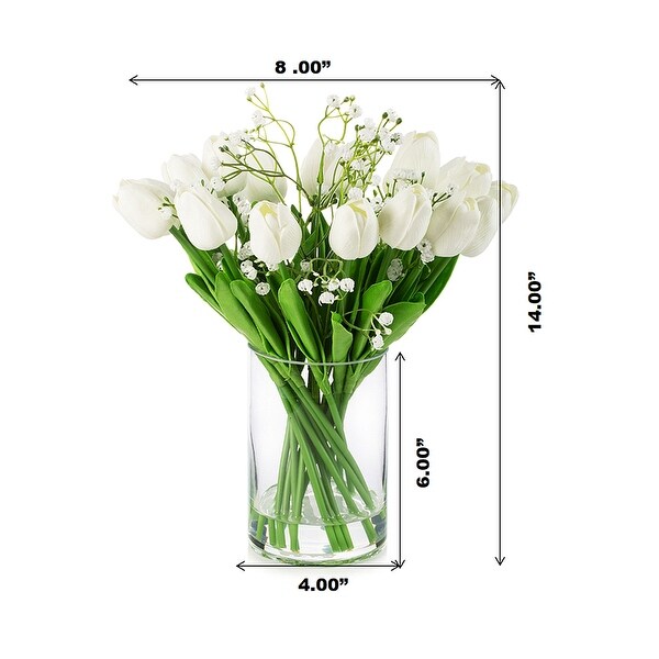 Enova Home 18 Mixed Artificial Real Touch Tulip Flower Arrangement in Clear Glass Vase with Faux Water for Home Decoration