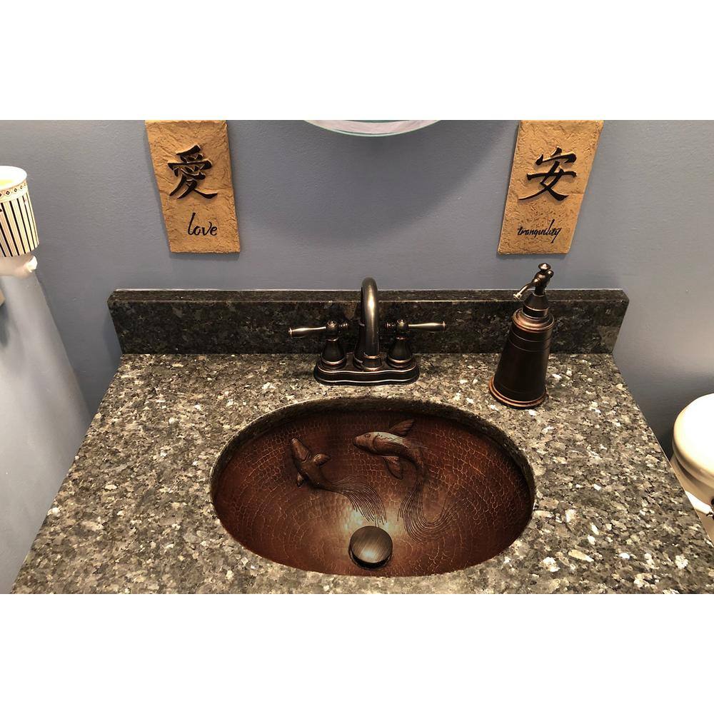 Premier Copper Products 19 in. Oval Under Counter Hammered Copper Bathroom Sink with Koi Fish Design in Copper LO19FKOIDB