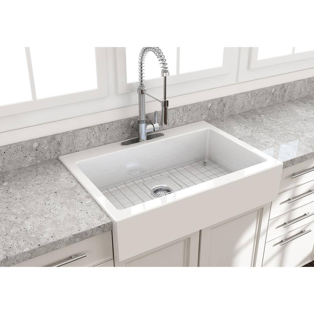 BOCCHI Nuova White Fireclay 34 in. Single Bowl Drop-In Apron Front Kitchen Sink with Protective Grid and Strainer 1500-001-0127