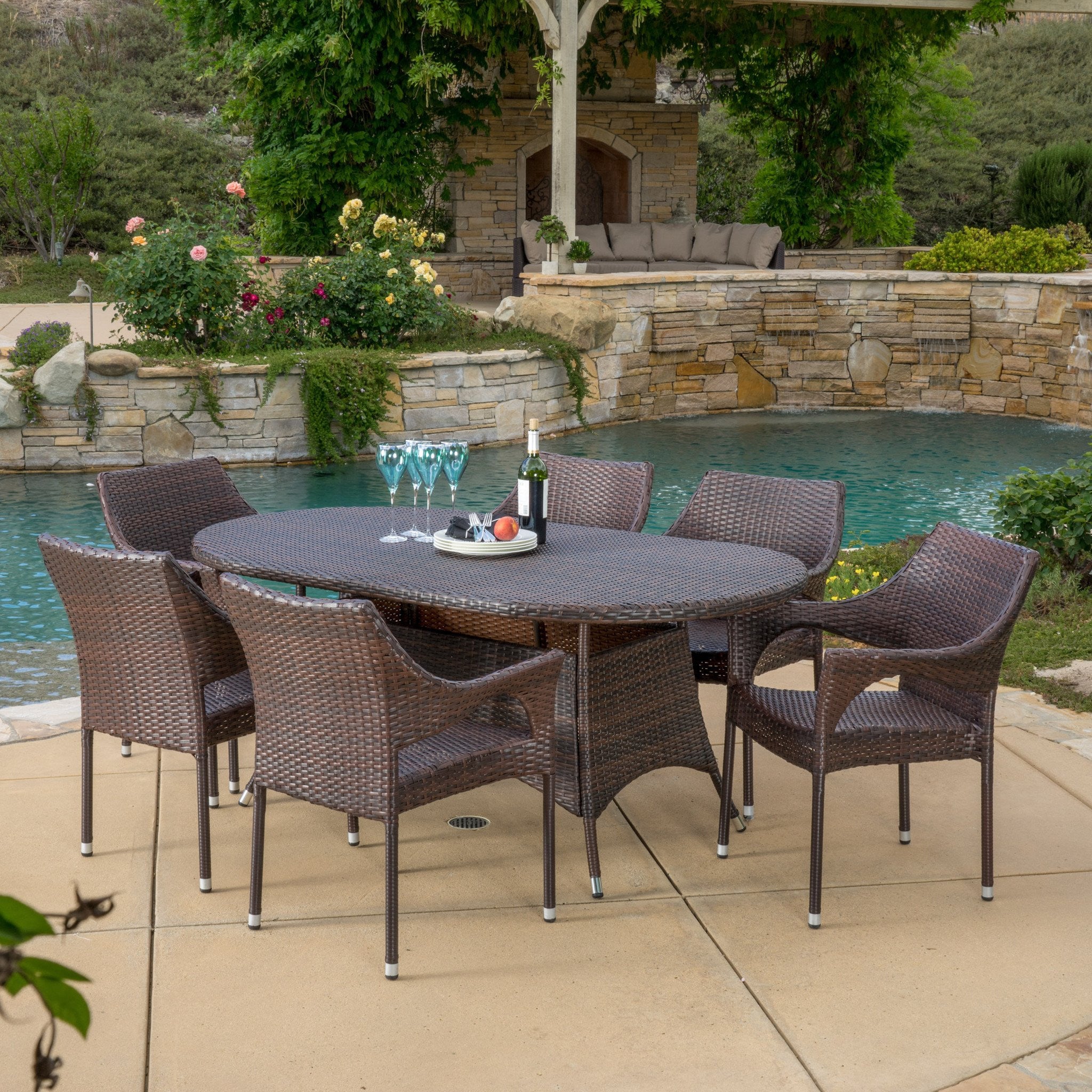 Clayton Outdoor 7pc Multibrown Wicker Round Dining Set