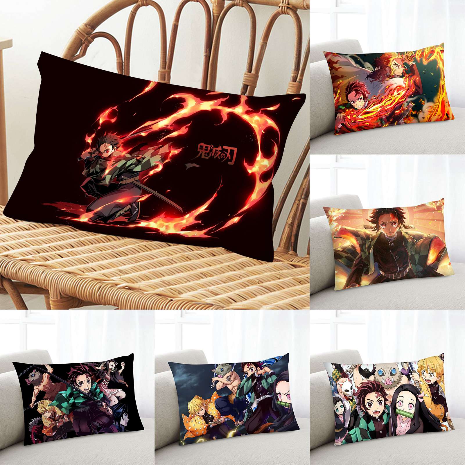 Riapawel Demon Slayer Pillowcase 20x12 inch Anime Pillow Case Decorative Cushion Cover for Home Sofa Decor(one_size Family)