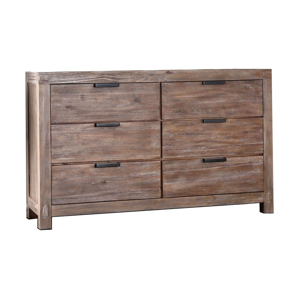 6 Drawer Rustic Style Wooden Dresser with Block Legs  Brown