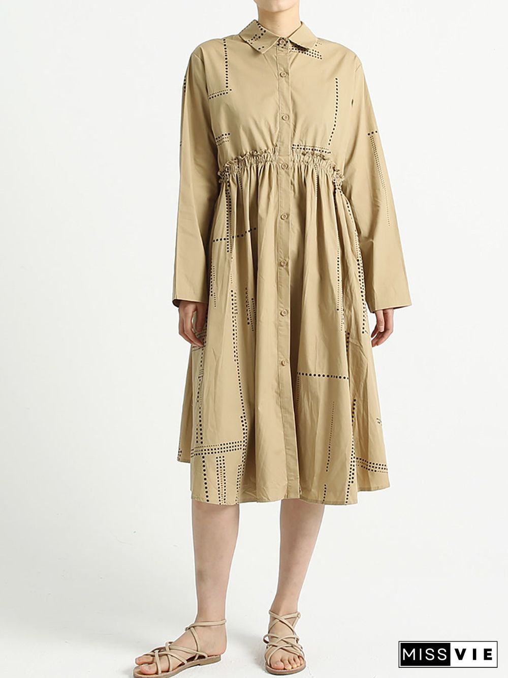 Turndown Collar Long Sleeve Loose Casual Cotton Dress