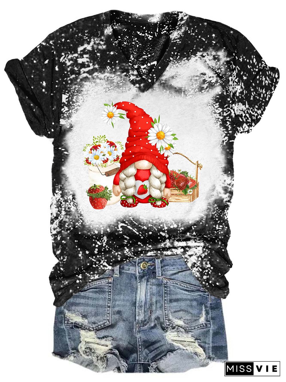 Strawberry Gnome Tie Dye V Neck T-shirt