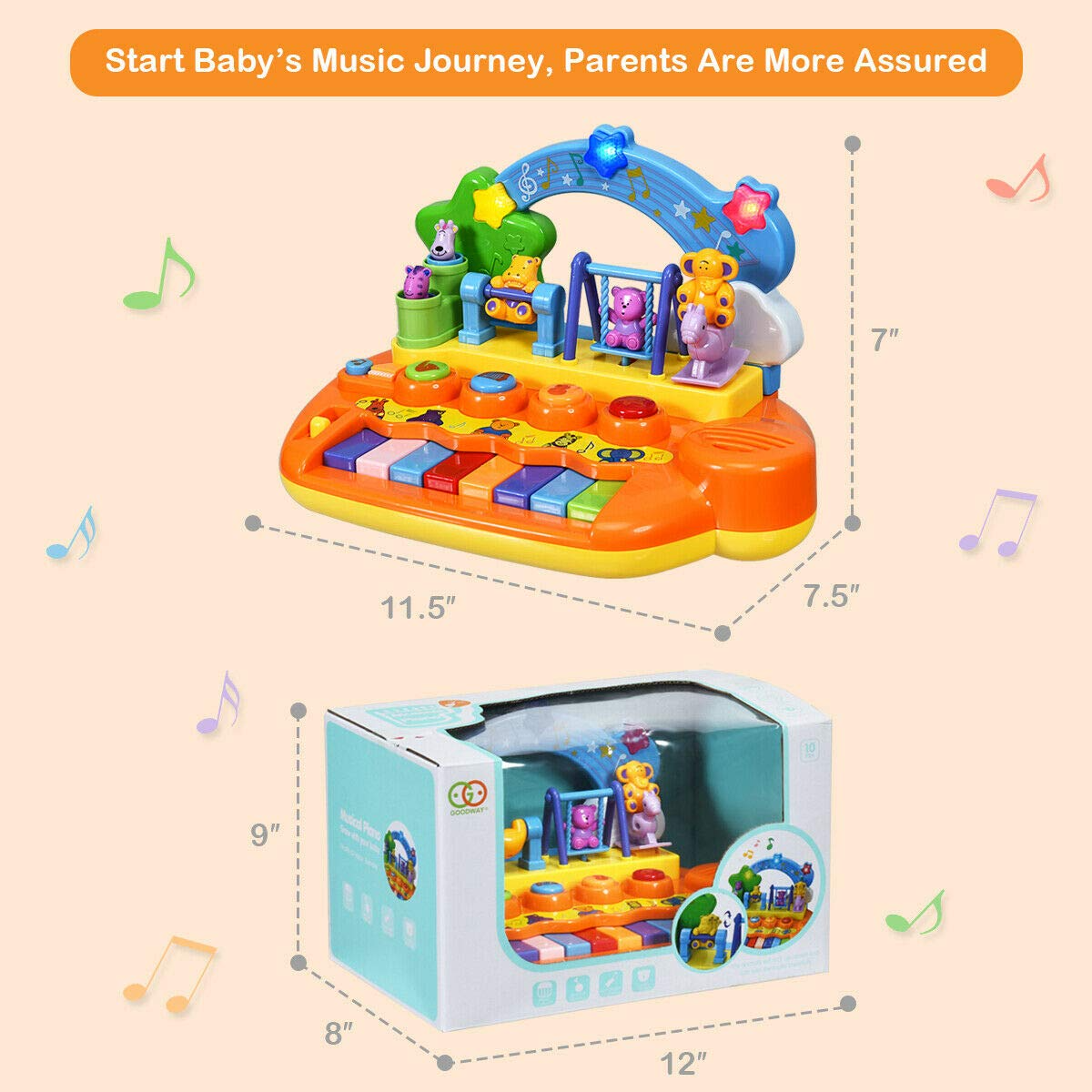 Costzon 8 Keys Kids Educational Piano Keyboard Toy, Animal Family Musical Instrument Toys with LED Light