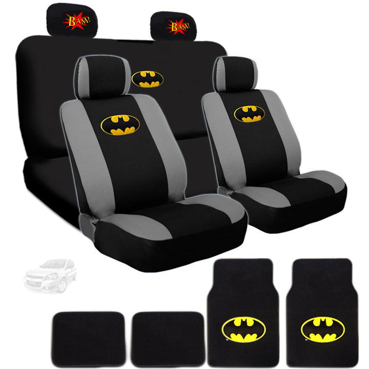 Ultimate Batman Car Seat Covers And Carpet Floor Mats Bundled with Classic Comic Book BAM! Logo Headrest Covers Gift Set Shipping Included