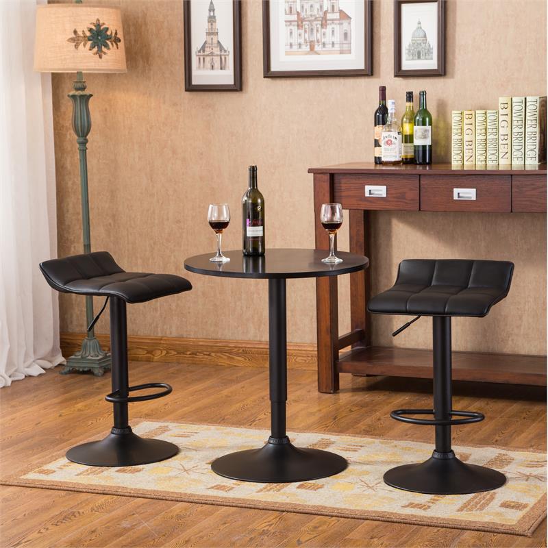 Roundhill Furniture Belham Black Round Top Adjustable Height Bar Table and 2 Swivel Black Bonded Leather Adjustable Bar Stool Bar Sets