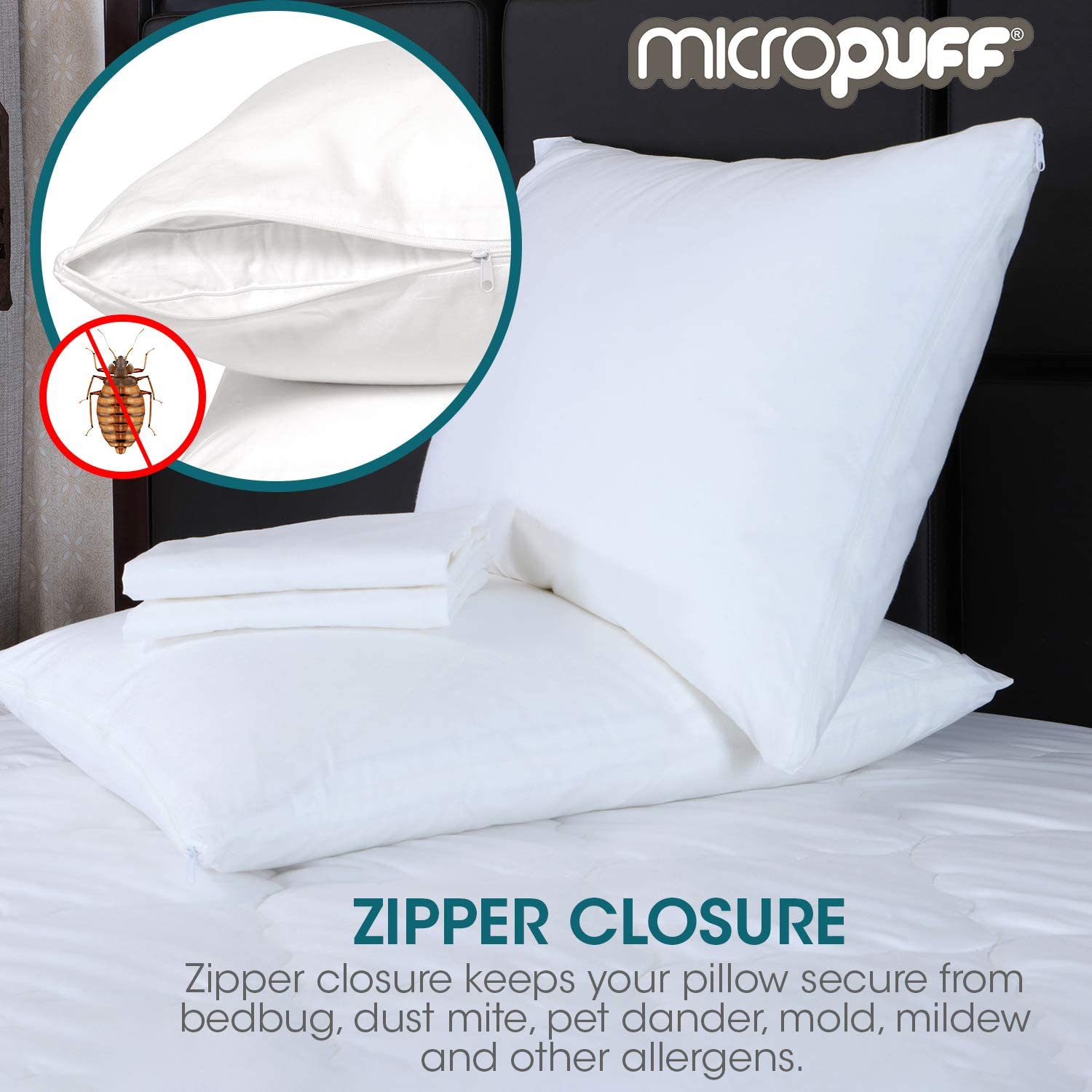 Micropuff Zippered Pillow Protectors - Soft Brushed Microfiber Pillow Covers - Queen 20x30 - 2 Pack