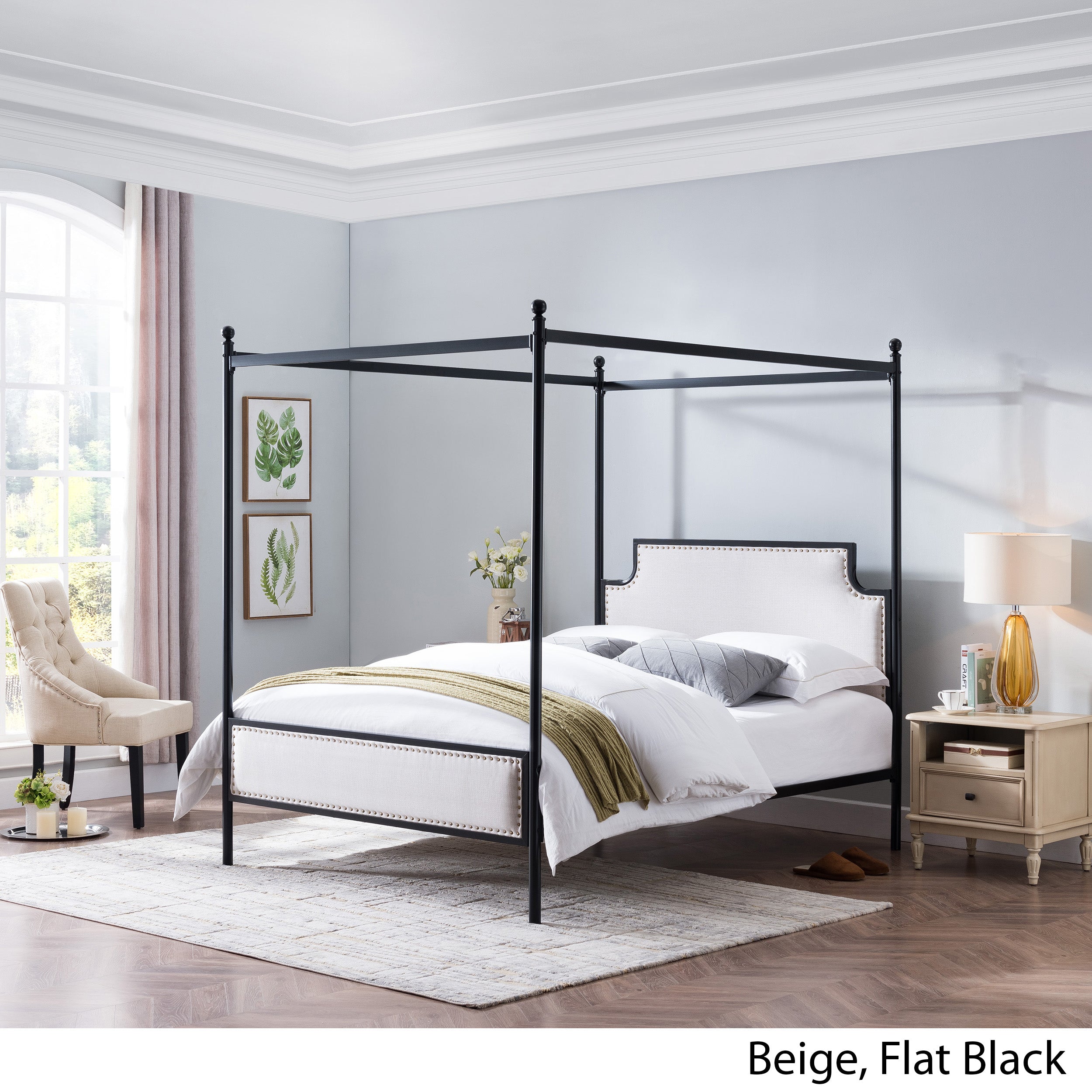 Asa Queen Size Iron Canopy Bed Frame with Upholstered Studded Headboard