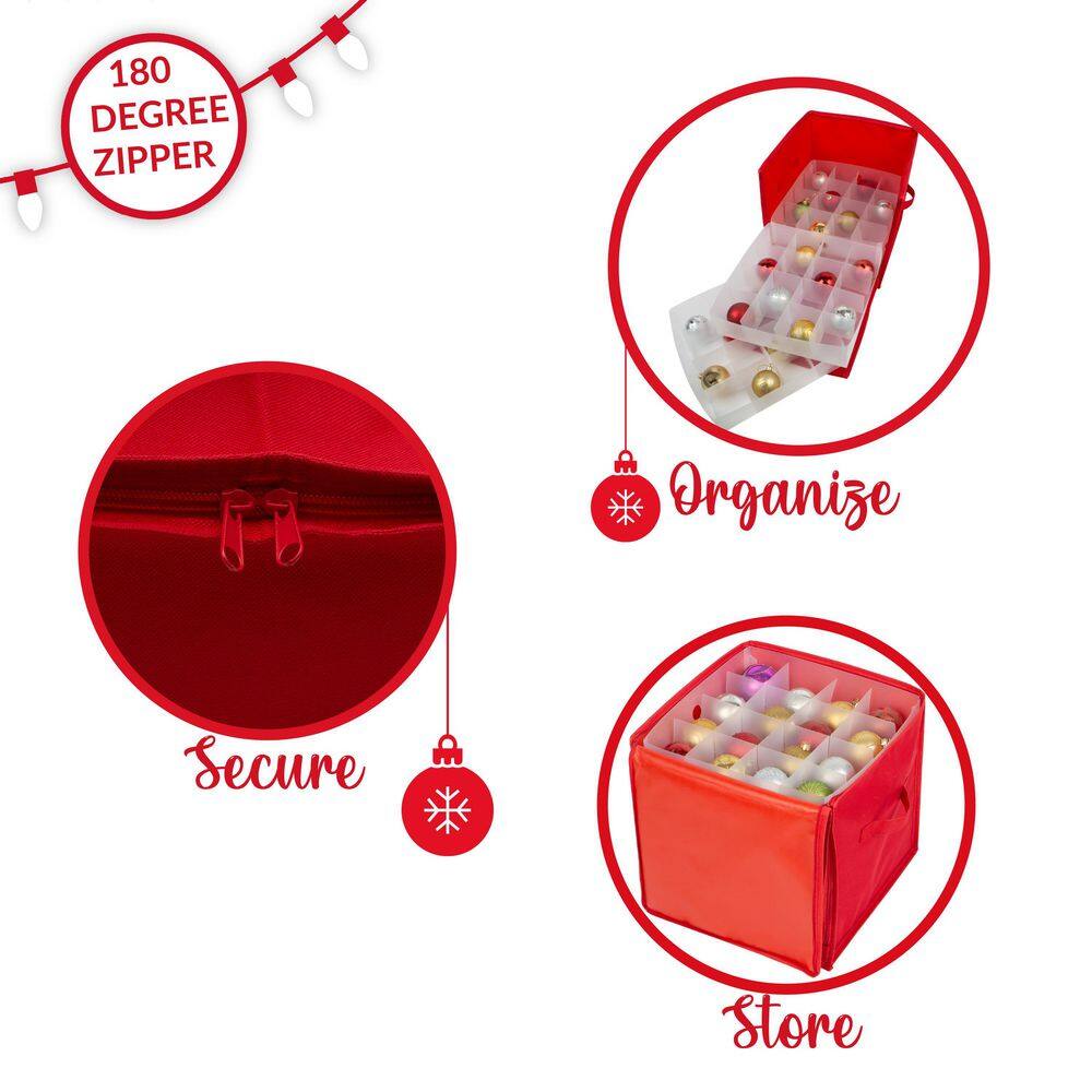 Simplify 11.81 in. D x 11.81 in. W x 11.81 in. H Red Plastic 64 Count Stackable Cube Storage Bin Christmas Ornament Storage Box 9006