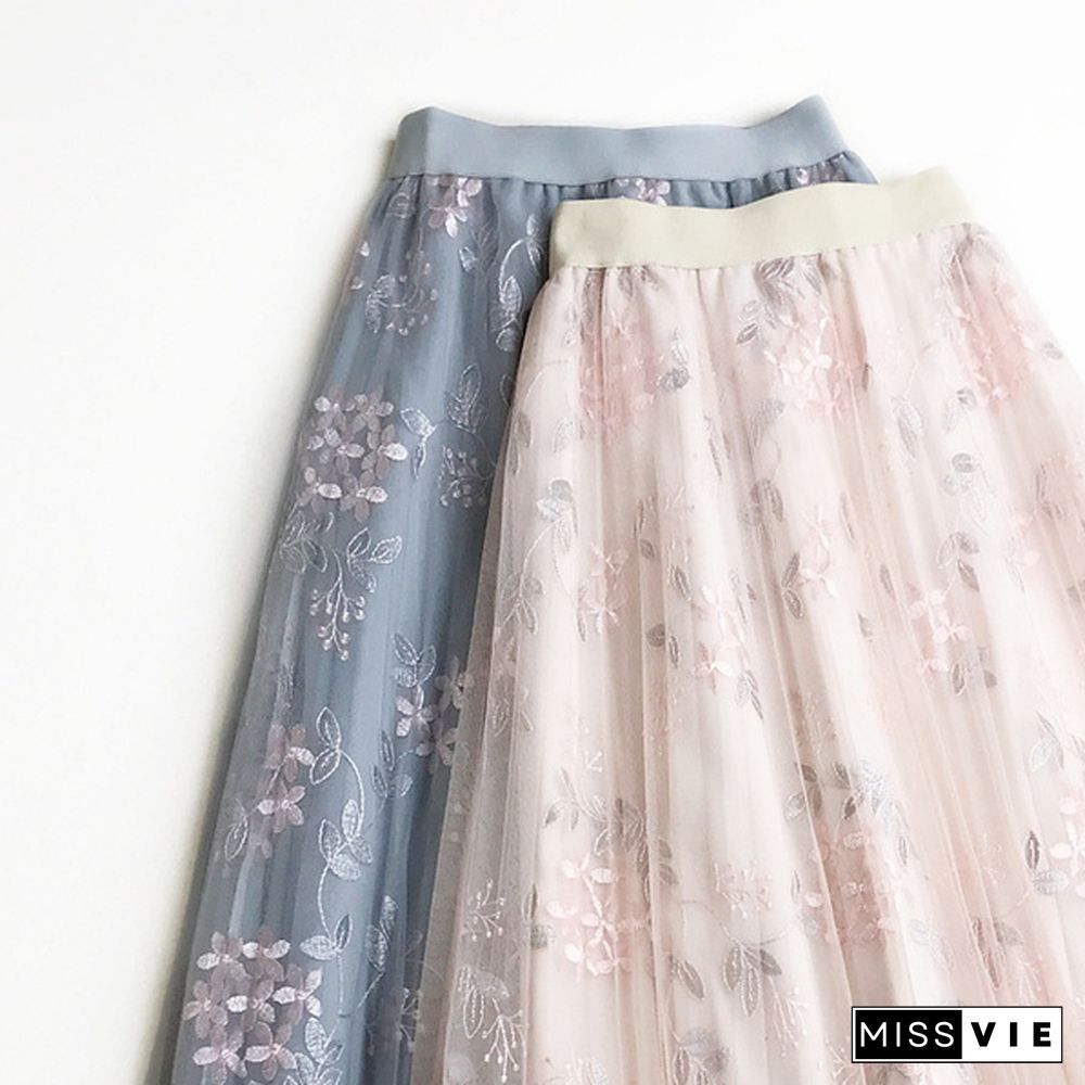 Summer Korean Skirt Heavy Work Embroidered High Waist A Word Long Skirt Fairy Mesh Skirt