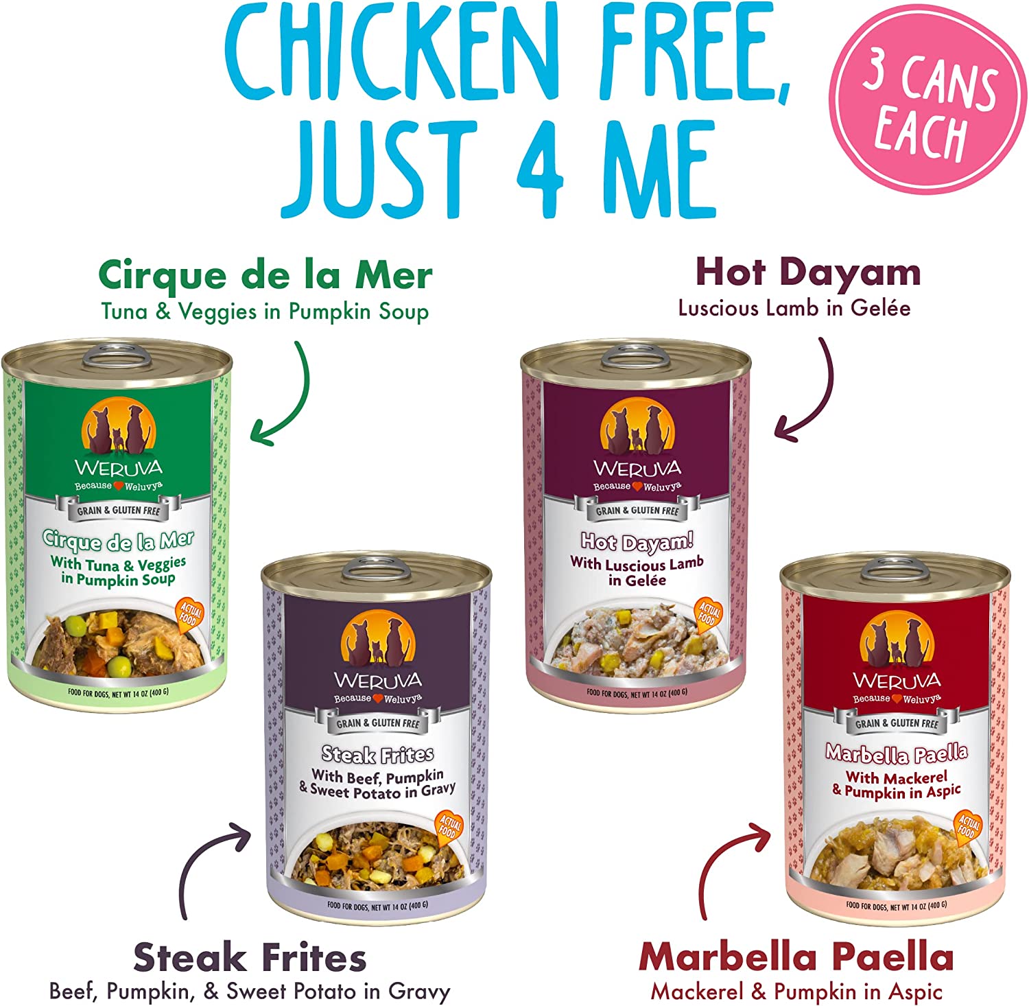 Weruva Chicken-Free Just 4 Me Variety Pack Grain-Free Canned Dog Food 14 Ounce (Pack of 12)