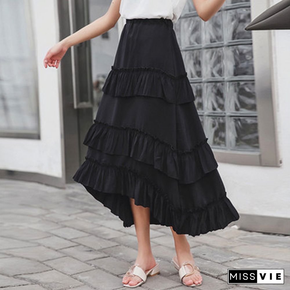 Midi Long Skirts Womens Maxi Skirt Goth Lolita Summer High Waisted Asymmetrical High Low Ruched Ruffle Skirts Rok