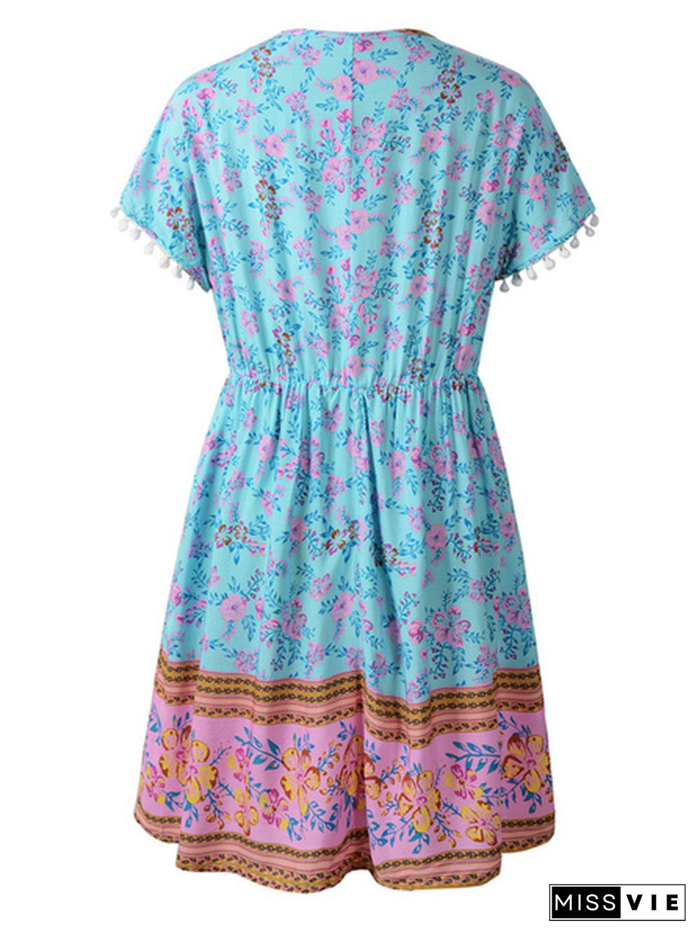 Boho Print Elastic Waist Dress with Pompom Decor