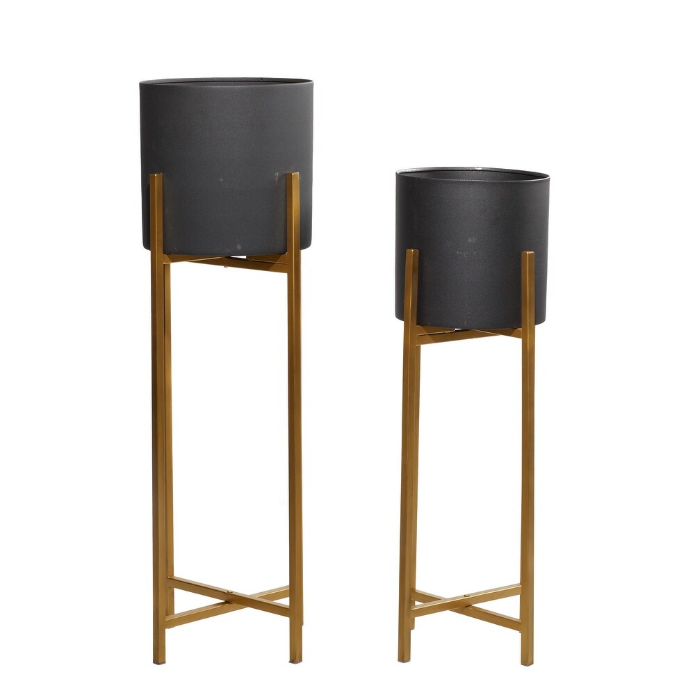 Black Metal Indoor Outdoor Planter with Removable Gold Stand (Set of 2)   12 x 12 x 36Round