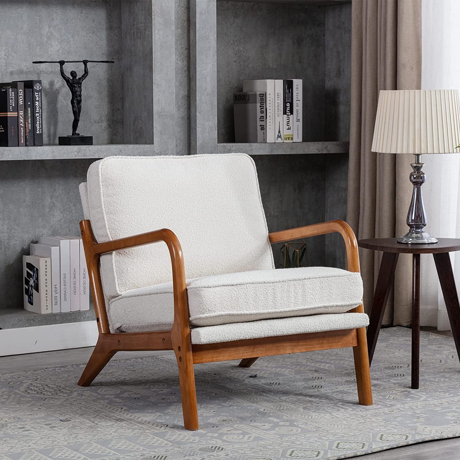 Mid Century Modern Accent Chair， Single Upholstered Lounge Reading Armchair with Solid Wood Frame and Cushions， Beige Fabric