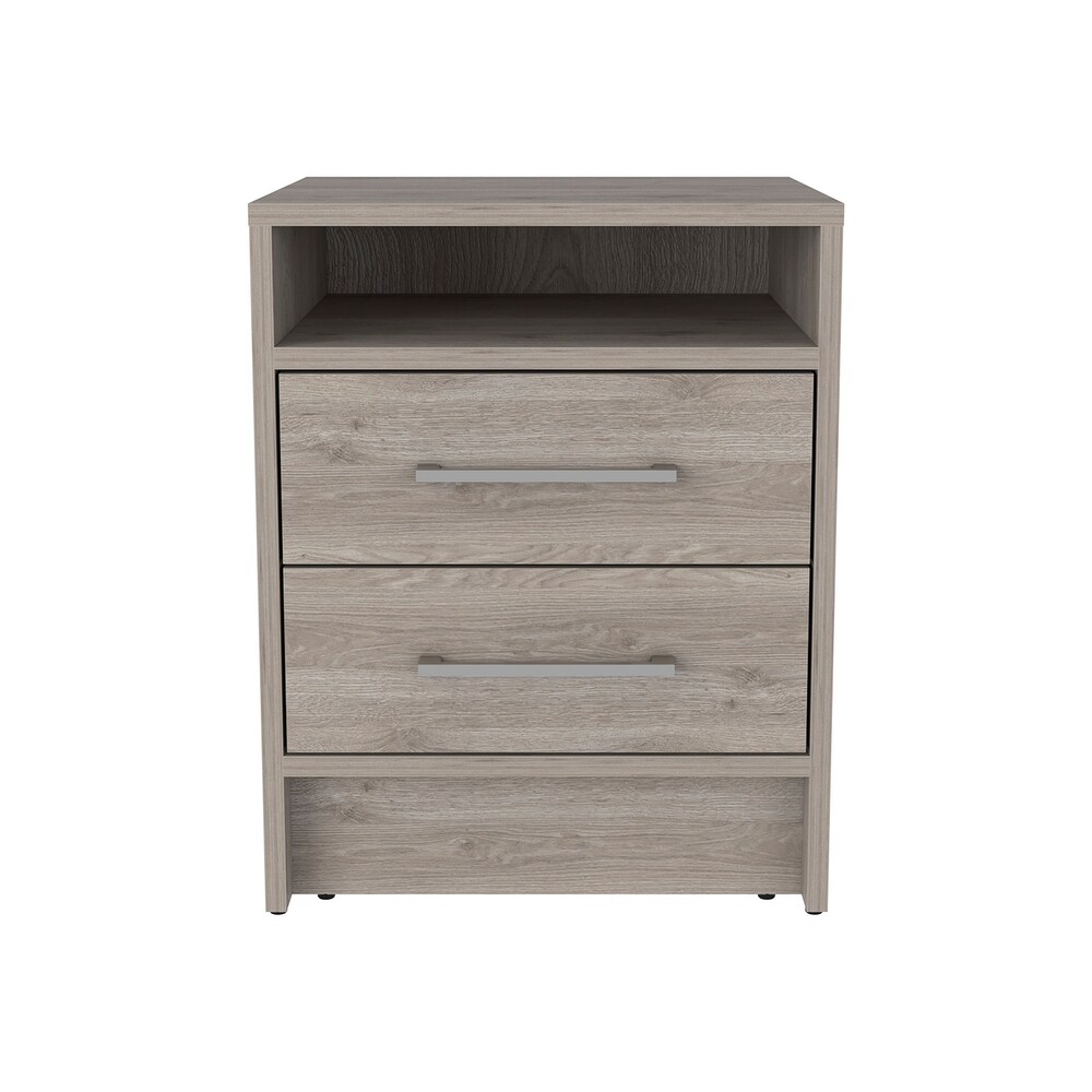 Wooden Nightstand with Two Drawers and Metal Handles
