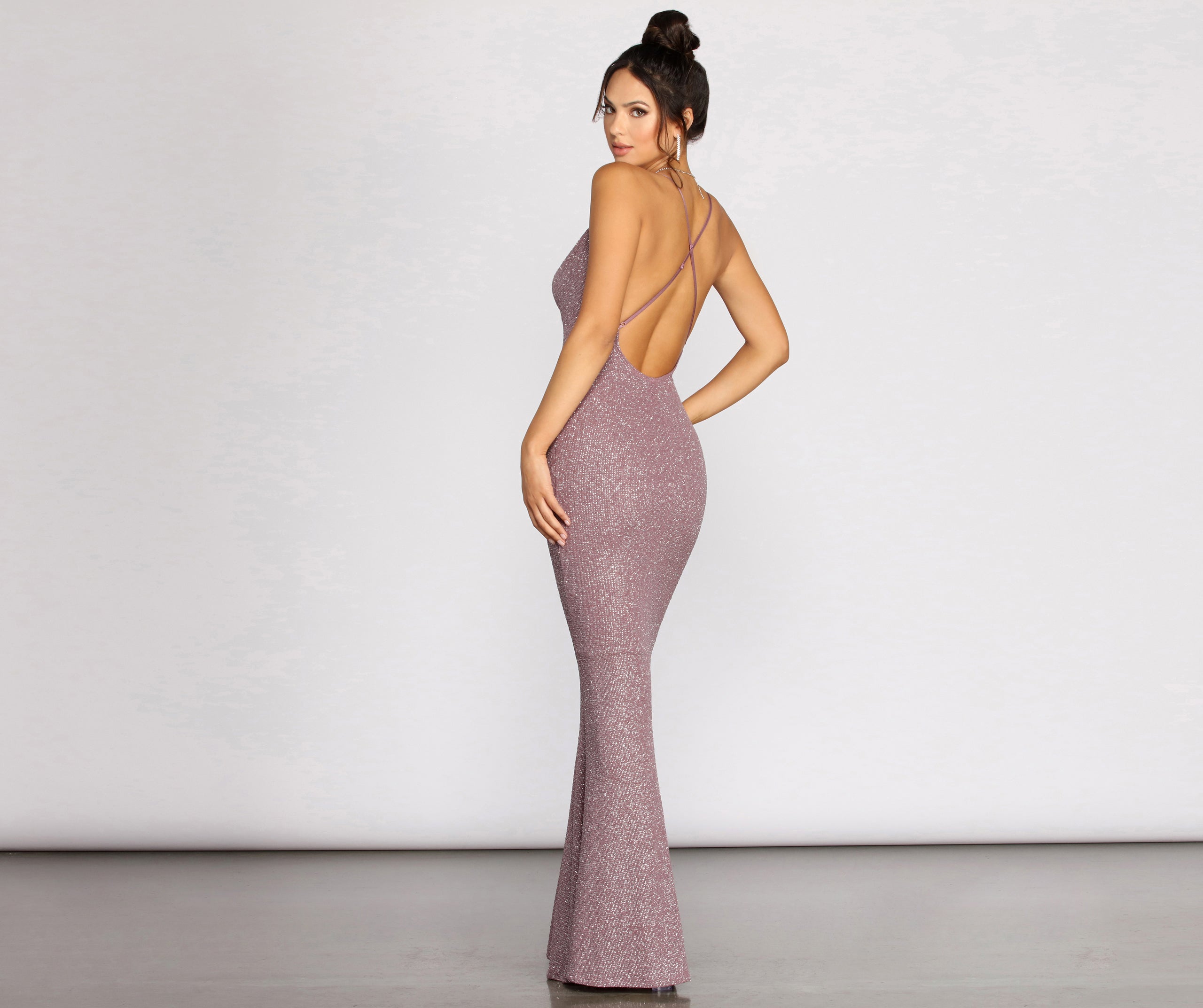 Nivea Mauve Glitter Cowl Neck Evening Gown