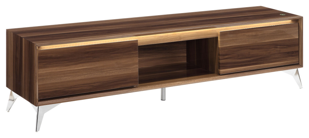 ACME Raceloma TV stand  in LED  Walnut  ampChrome Finish   Midcentury   Entertainment Centers And Tv Stands   by Homesquare  Houzz