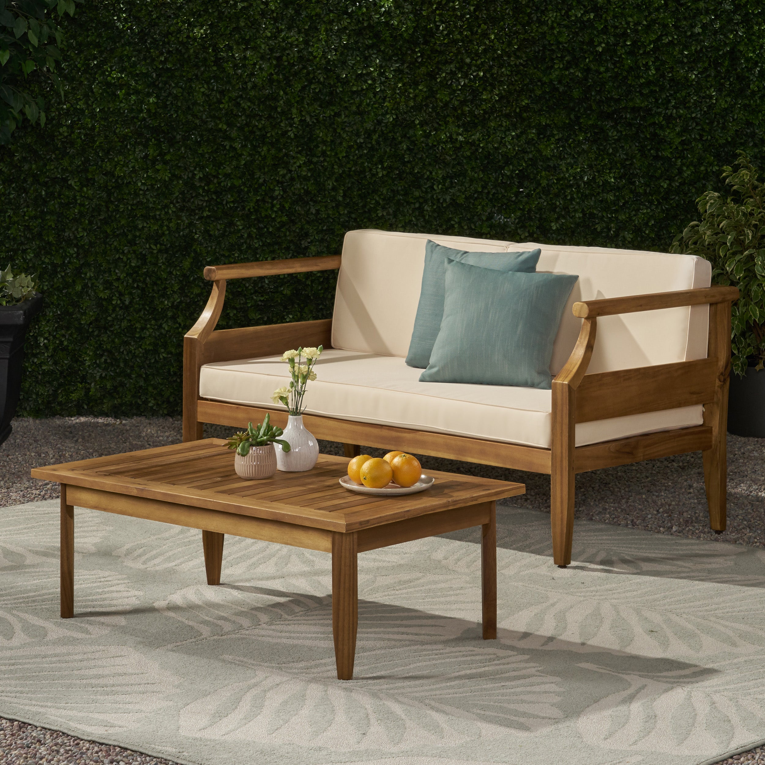 Bianca Outdoor Mid-Century Modern Acacia Wood Loveseat Set