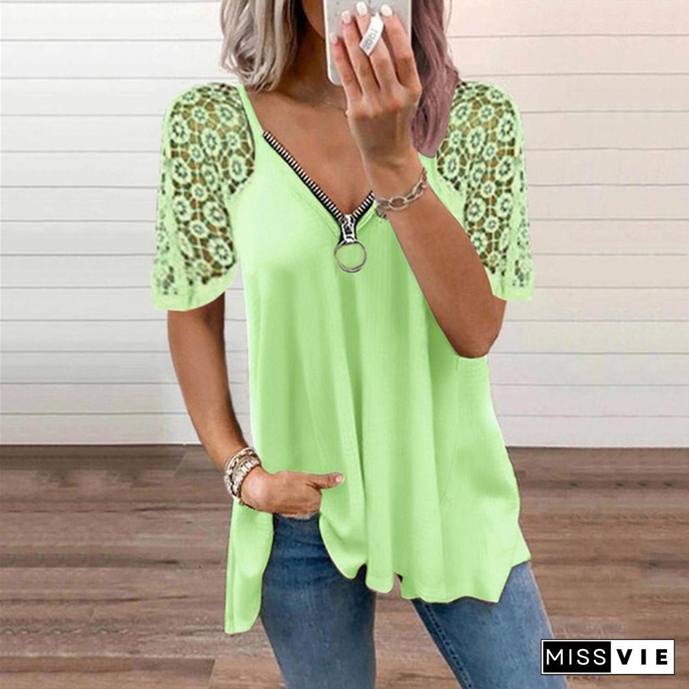 Summer Women's Lace Stitching Short Sleeve Tops Solid Color Loose T-shirt Fashion Casual Women's Clothing Plus Size Femmes