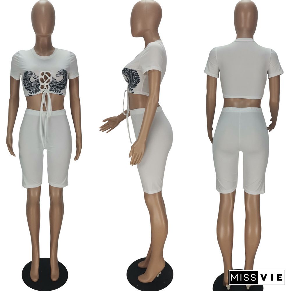 Summer Short Sleeve Bandage Crop Top Shorts Two Piece Set