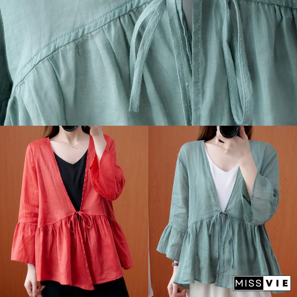 Beautiful red tunics for women v neck Ruffles loose summer blouses