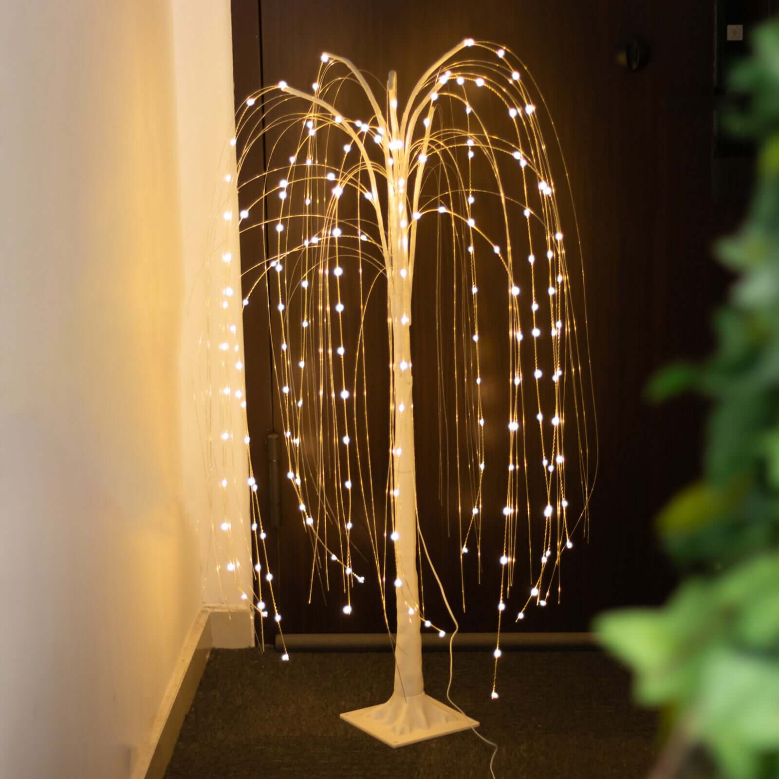 Warm White 180 LED Fairy Lighted Artificial Weeping Willow Tree With Plug-in Adapter, White Tabletop Tree Centerpiece 4ft