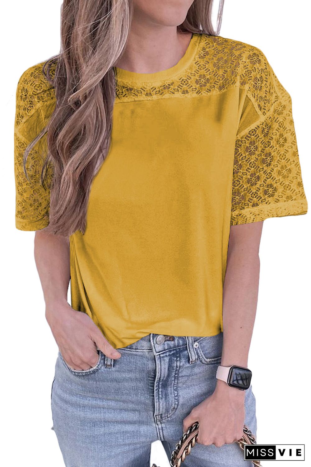 Yellow Plain Lace Stitching Short Sleeve Tee