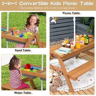 Costway 3-in-1 Kids Wood Rectangle Outdoor Picnic Table Water Sand Table with Umbrella Play Boxes HY10008