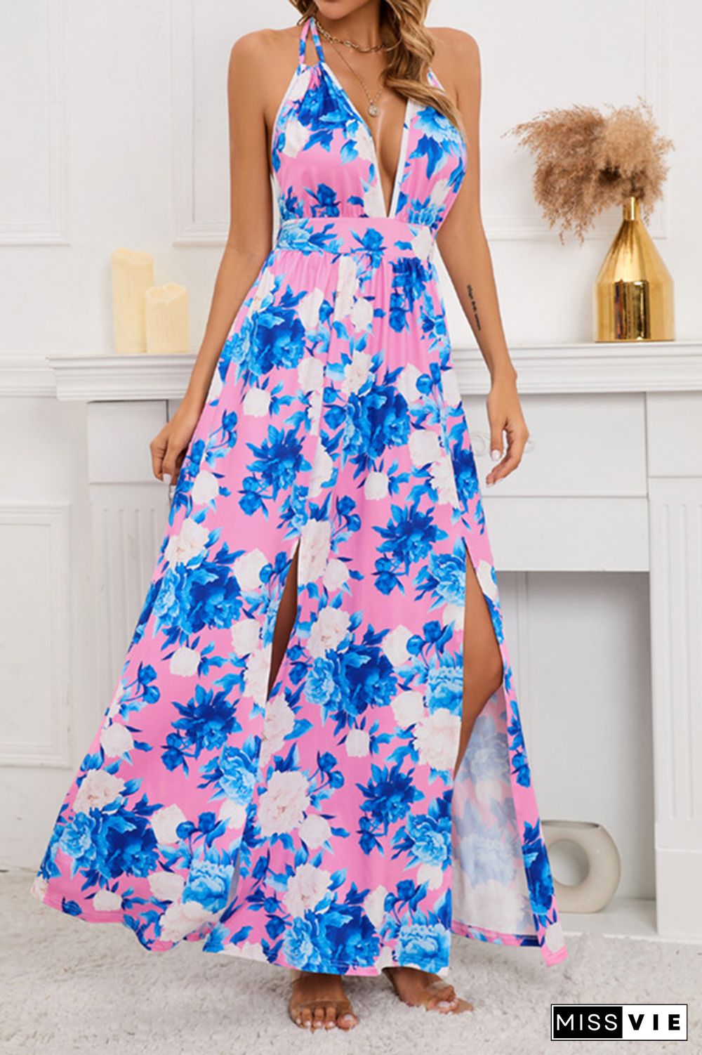 V Neck Halter Backless High Split Floral Maxi Dress