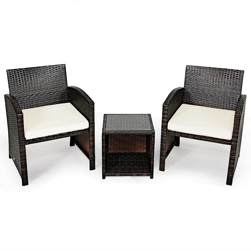 3 Pieces PE Rattan Wicker Furniture Set with Cushion Sofa Coffee Table for Garden