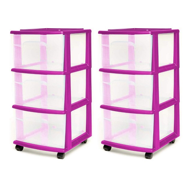 Homz Clear Plastic 3 Drawer Medium Home Organization Storage Container Tower With 3 Large Drawers And Removeable Caster Wheels Purple Frame 2 Pack