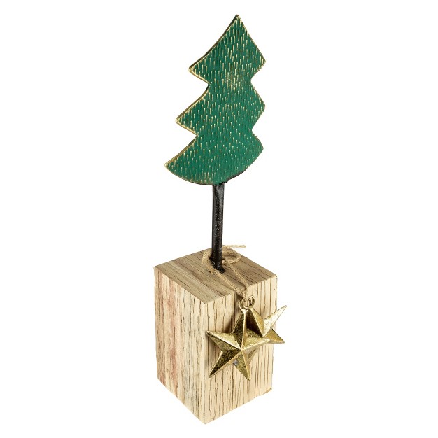 Green Metal Tree In Chunky Wood Base Christmas Decor