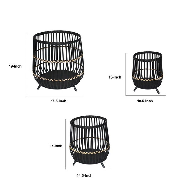 Benjara BM205187 Drum Shaped Open Cage Bamboo Plan...