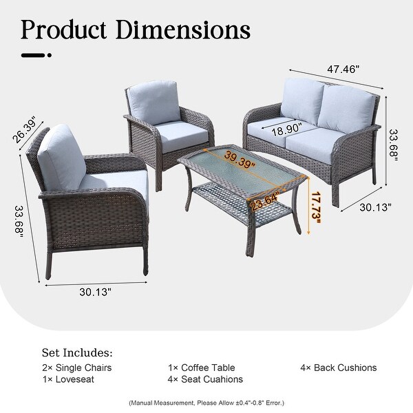 HOOOWOOO Outdoor 4piece Wicker Conversation Sofa Set with Glass Coffee Table