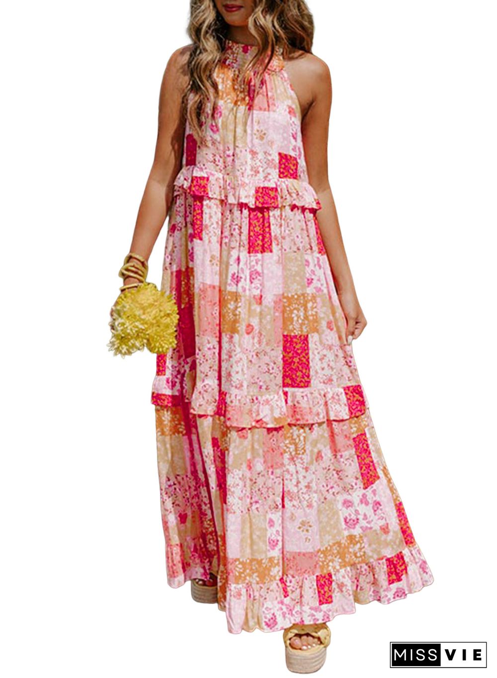 Multicolor Boho Geometric Floral Print Sleeveless Maxi Dress