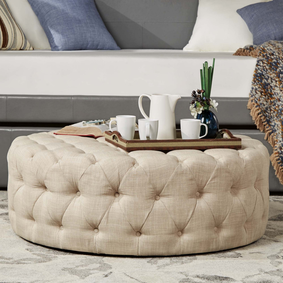 Round Ottoman  Non Locking Casters  ampButton Tufted Upholstered Seat   Transitional   Footstools And Ottomans   by Decor Love  Houzz