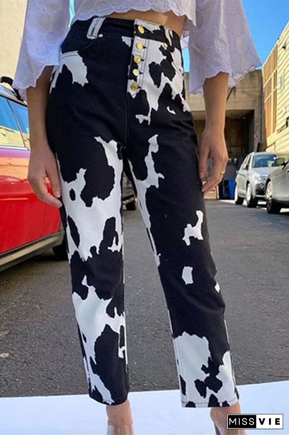 High-Rise Cows Pattern Denim Pants