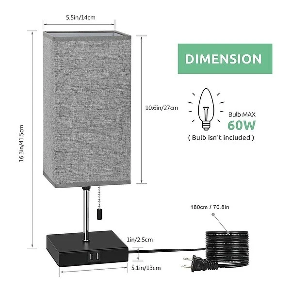 Set of 2 Square Bedside Nightstand Lamps with Dual USB Charging Port - 5